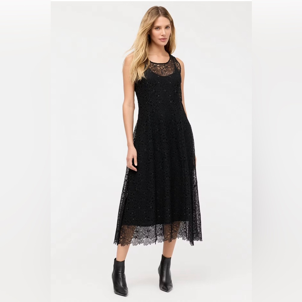 Johnny Was Elegant Black Lace Midi Dress w/ Beads- Slip. Size 4. NWT.